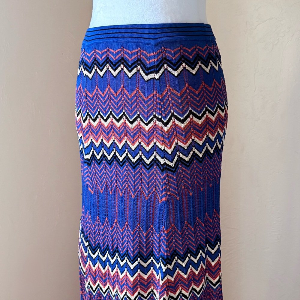 Sandro Paris Pointelle Chevron Zig Zag Knit Midi Skirt in Blue & Rust 2 US 6 - Picture 5 of 14